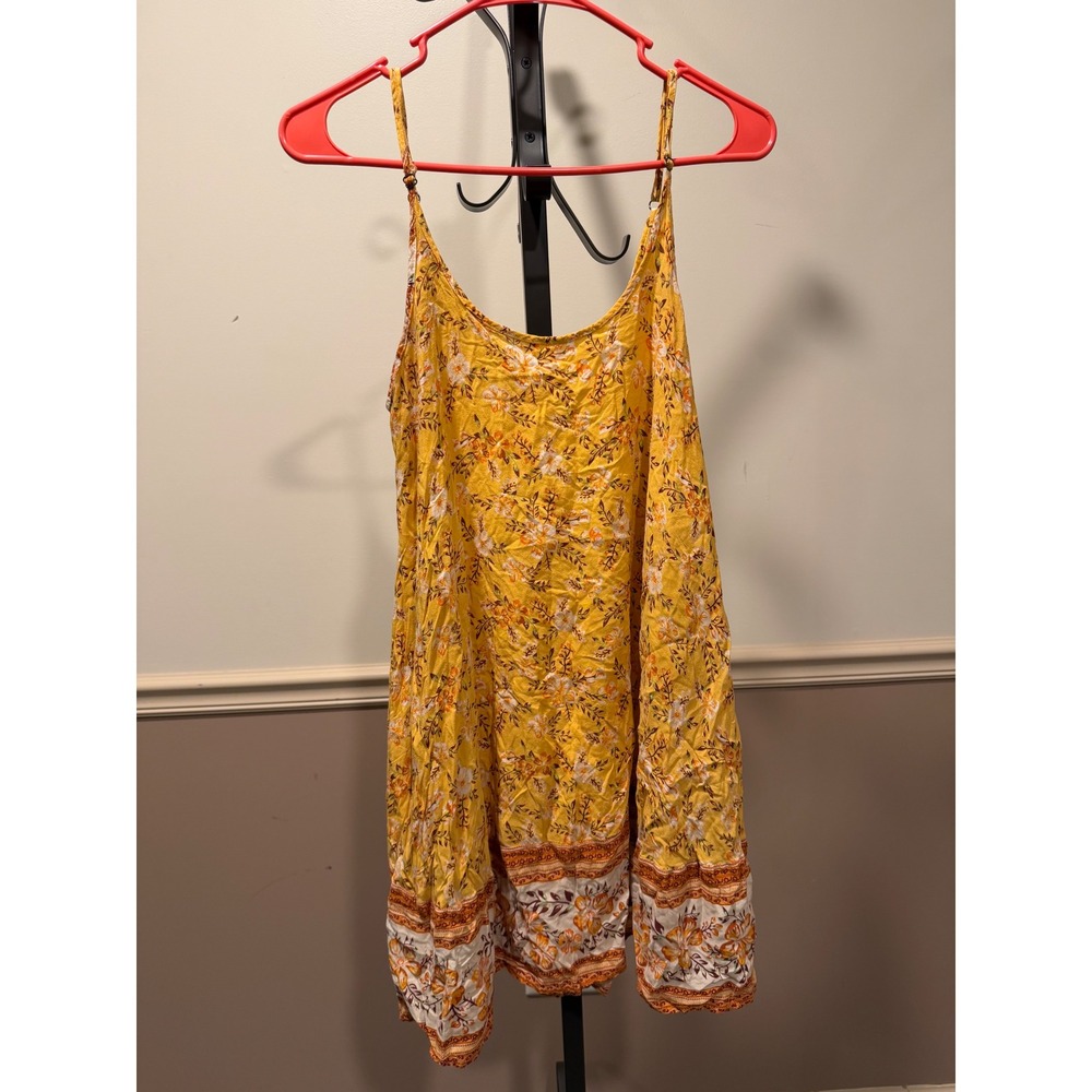 Umgee USA Mustard Yellow Floral Boho Mini Dress Spaghetti Strap Womens Medium